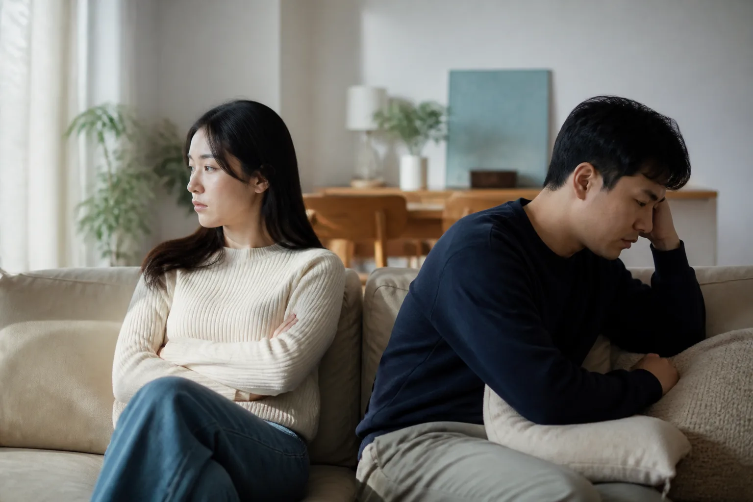 오래 만나서 설렘이 사라진 것 같을 때 상황에서 집·카페·직장 같은 일상 공간에서 표정과 손짓으로 마음을 나누는 한국 성인들의 자연스러운 모습