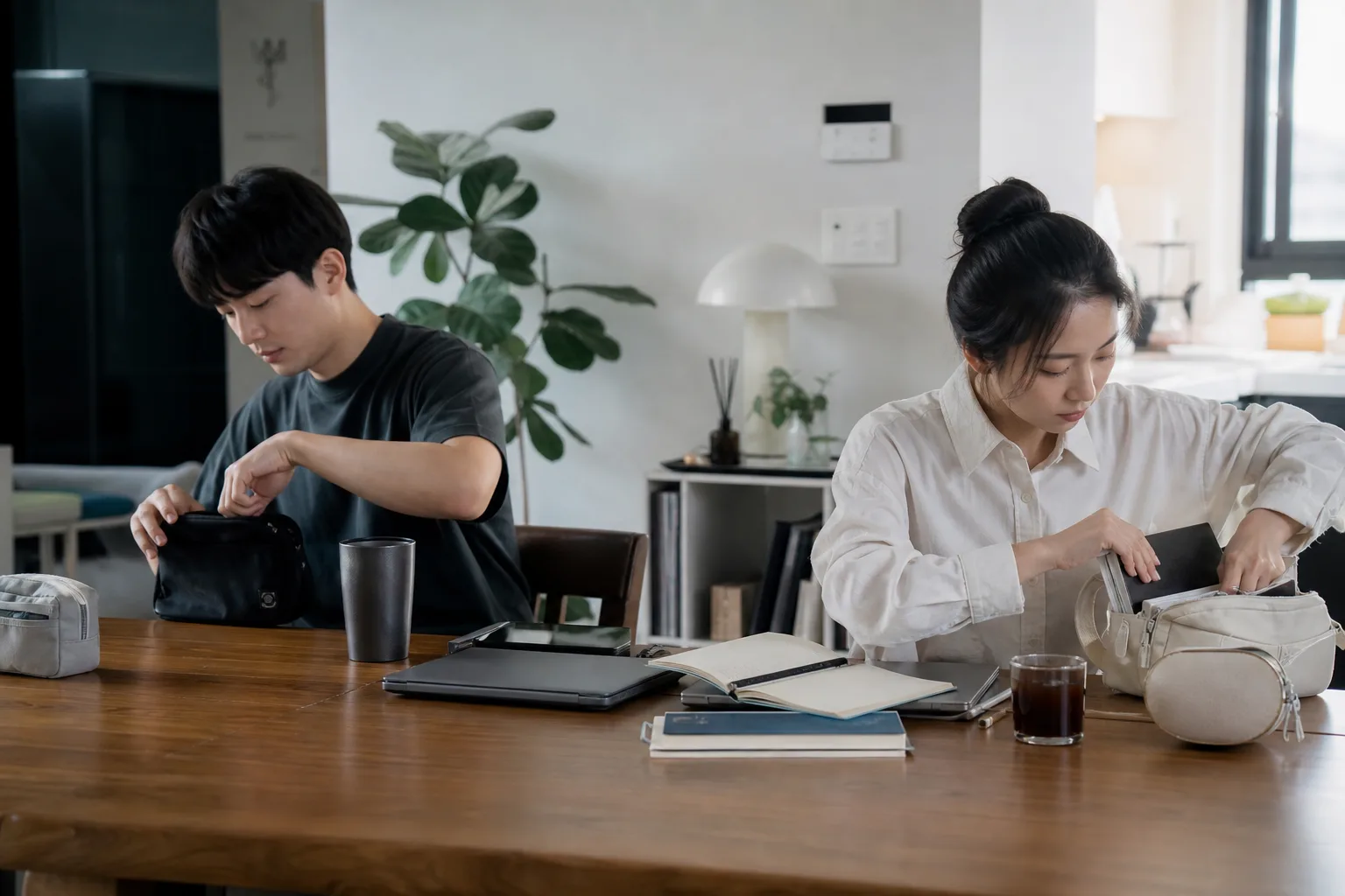 각자 자신의 일정과 물건을 챙기며 한 사람이 상대를 돌보는 역할을 맡지 않는 연인의 모습