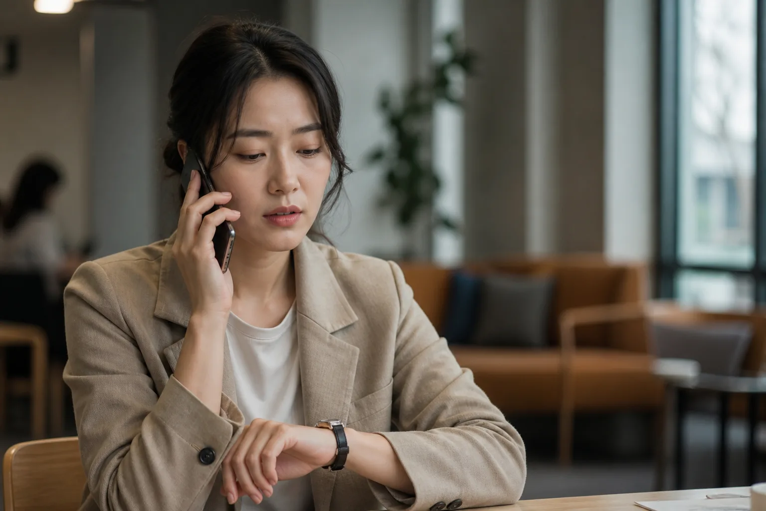 첫 통화가 언제 끝나야 할지 몰라 어색할 때 상황에서 집이나 카페에 마주 앉아 표정과 손짓으로 솔직하게 대화하는 한국 성인 두 사람