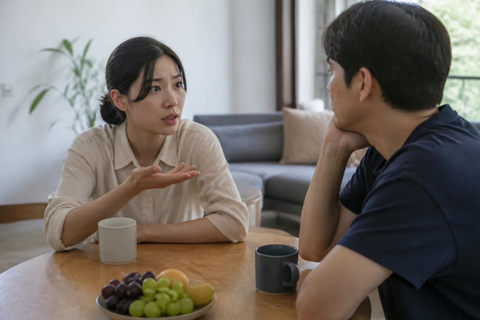 궁금한 게 많아서 자꾸 취조하듯 묻게 될 때 상황에서 집·카페·직장 같은 일상 공간에서 표정과 손짓으로 마음을 나누는 한국 성인들의 자연스러운 모습