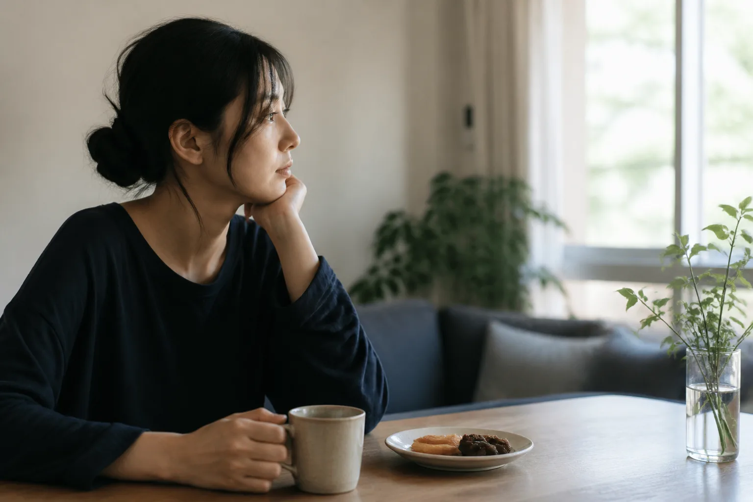 그 사람은 떠났는데 아직도 허락받아야 할 것 같은 기분이 들 때 상황에서 집이나 카페에 마주 앉아 표정과 손짓으로 솔직하게 대화하는 한국 성인 두 사람