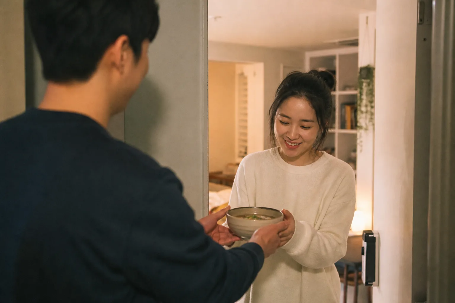 현관에서 따뜻한 음식을 받으며 빚진 표정 없이 고마움을 표현하는 여성의 모습