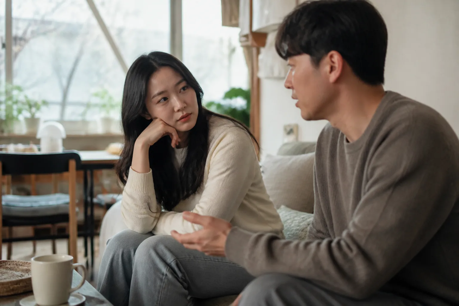사귀자는 말을 들었는데도 마음이 안 놓일 때 상황에서 집이나 카페에 마주 앉아 표정과 손짓으로 솔직하게 대화하는 한국 성인 두 사람