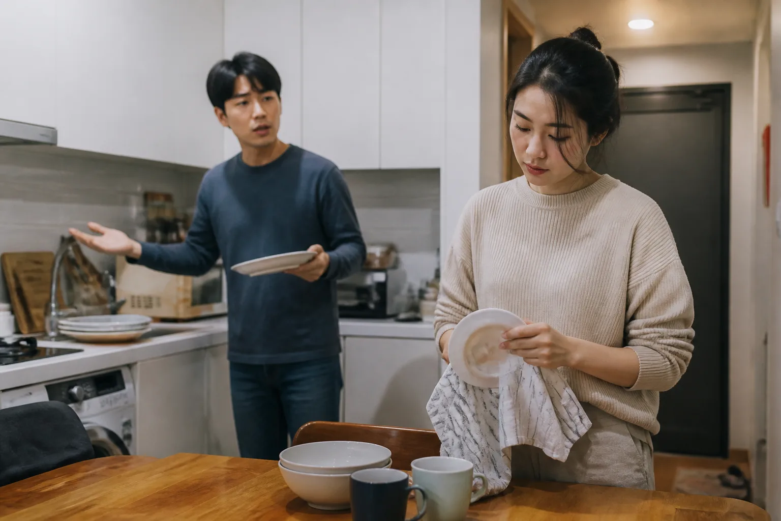 상대가 좋아서 불편함까지 넘기고 싶을 때 상황을 일상 공간에서 차분히 마주하는 한국 성인들의 자연스러운 모습