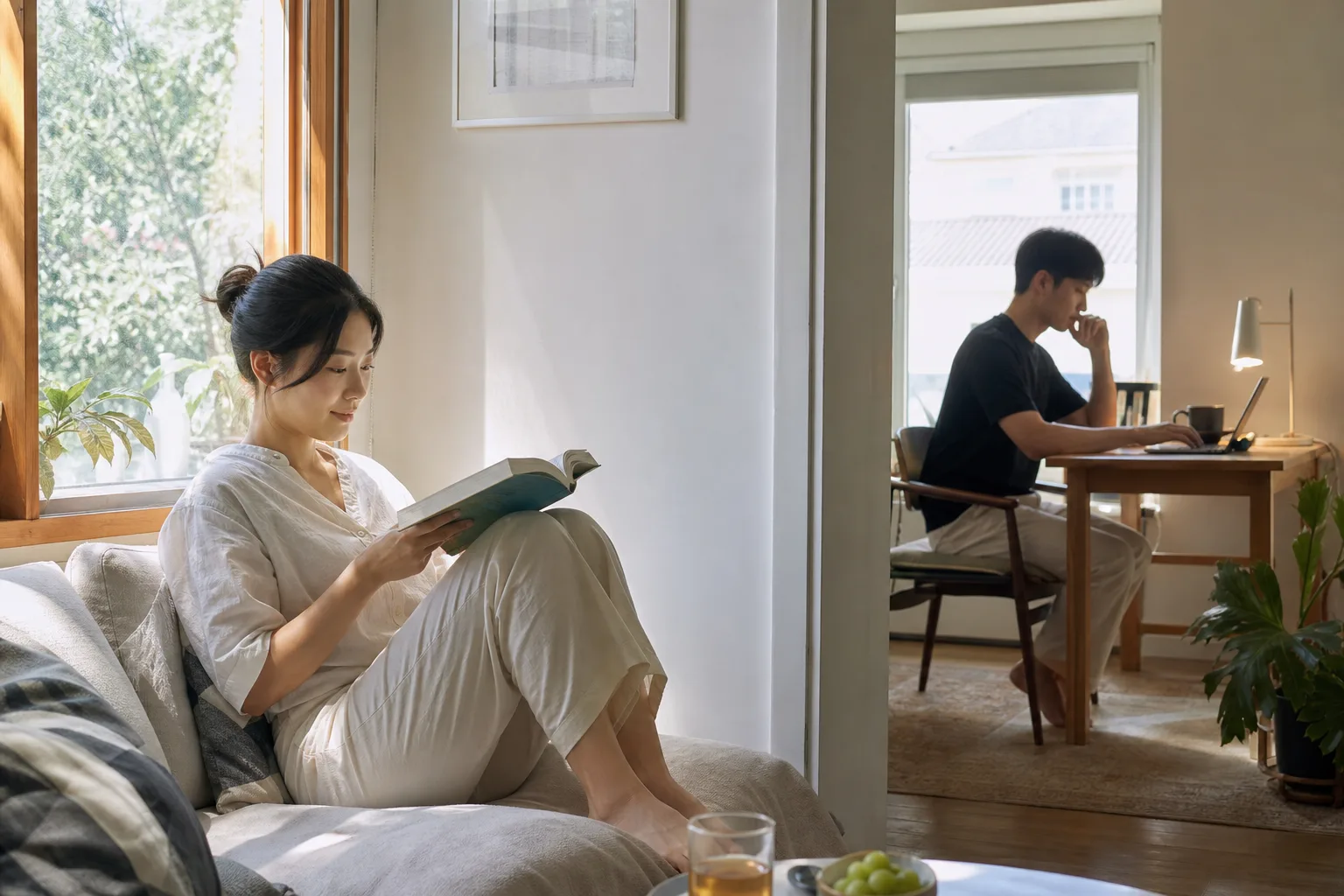 같은 집에서 한 사람은 책을 읽고 다른 사람은 일하며 혼자만의 시간을 존중하는 연인의 모습