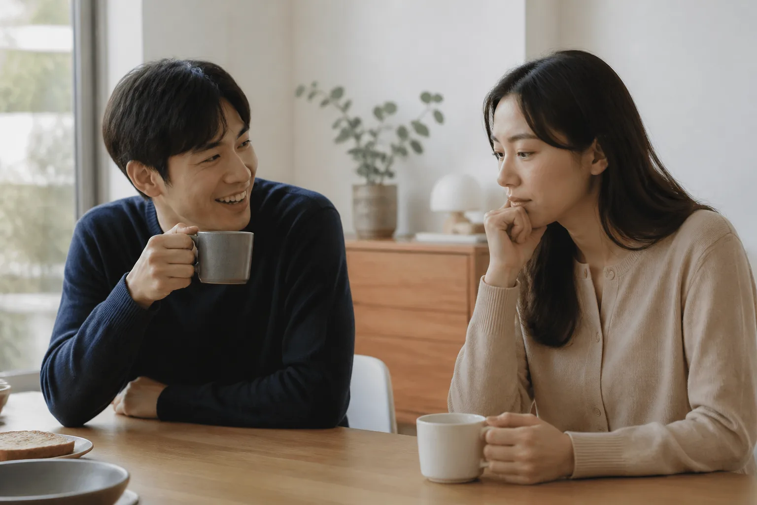 웃고 넘겼지만 계속 생각나는 농담이 있을 때 상황에서 집·카페·직장 같은 일상 공간에서 표정과 손짓으로 마음을 나누는 한국 성인들의 자연스러운 모습