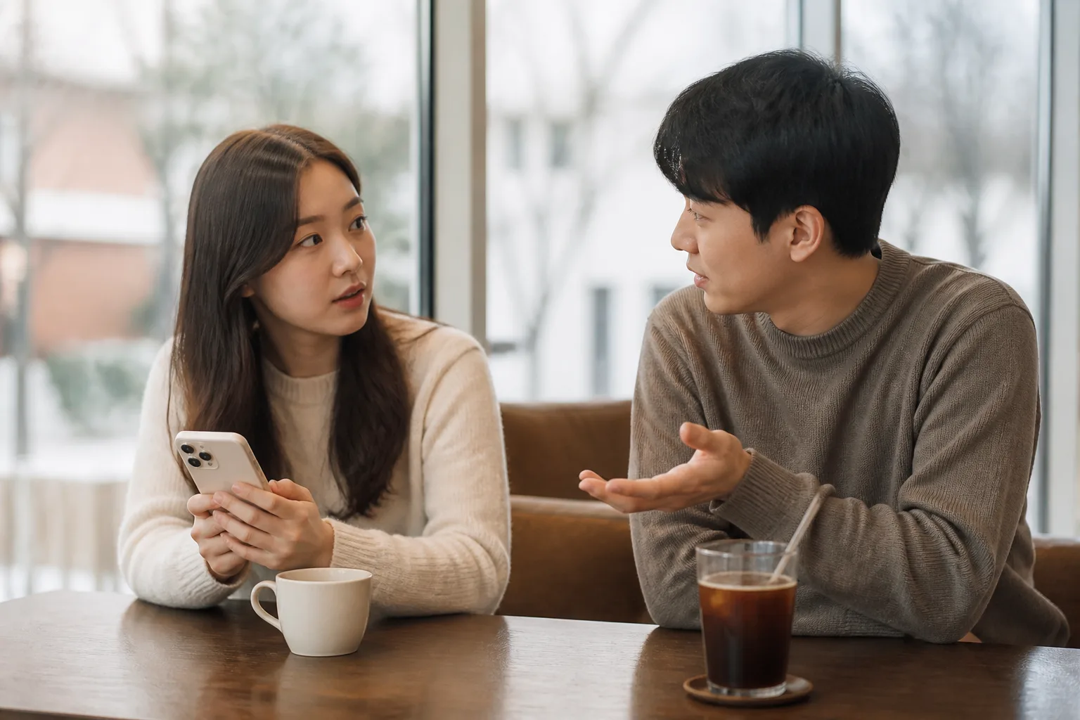 사진이나 위치, 계정을 공유하자고 할 때 상황에서 집·카페·직장 같은 일상 공간에서 표정과 손짓으로 마음을 나누는 한국 성인들의 자연스러운 모습