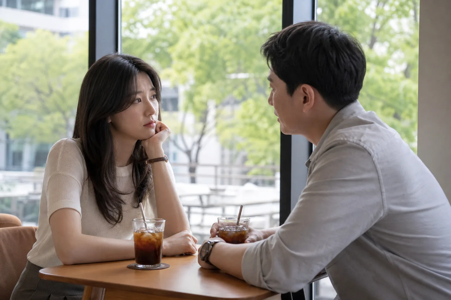 우리가 무슨 사이인지 궁금한데 물어보기 어려울 때 상황에서 집·카페·직장 같은 일상 공간에서 표정과 손짓으로 마음을 나누는 한국 성인들의 자연스러운 모습