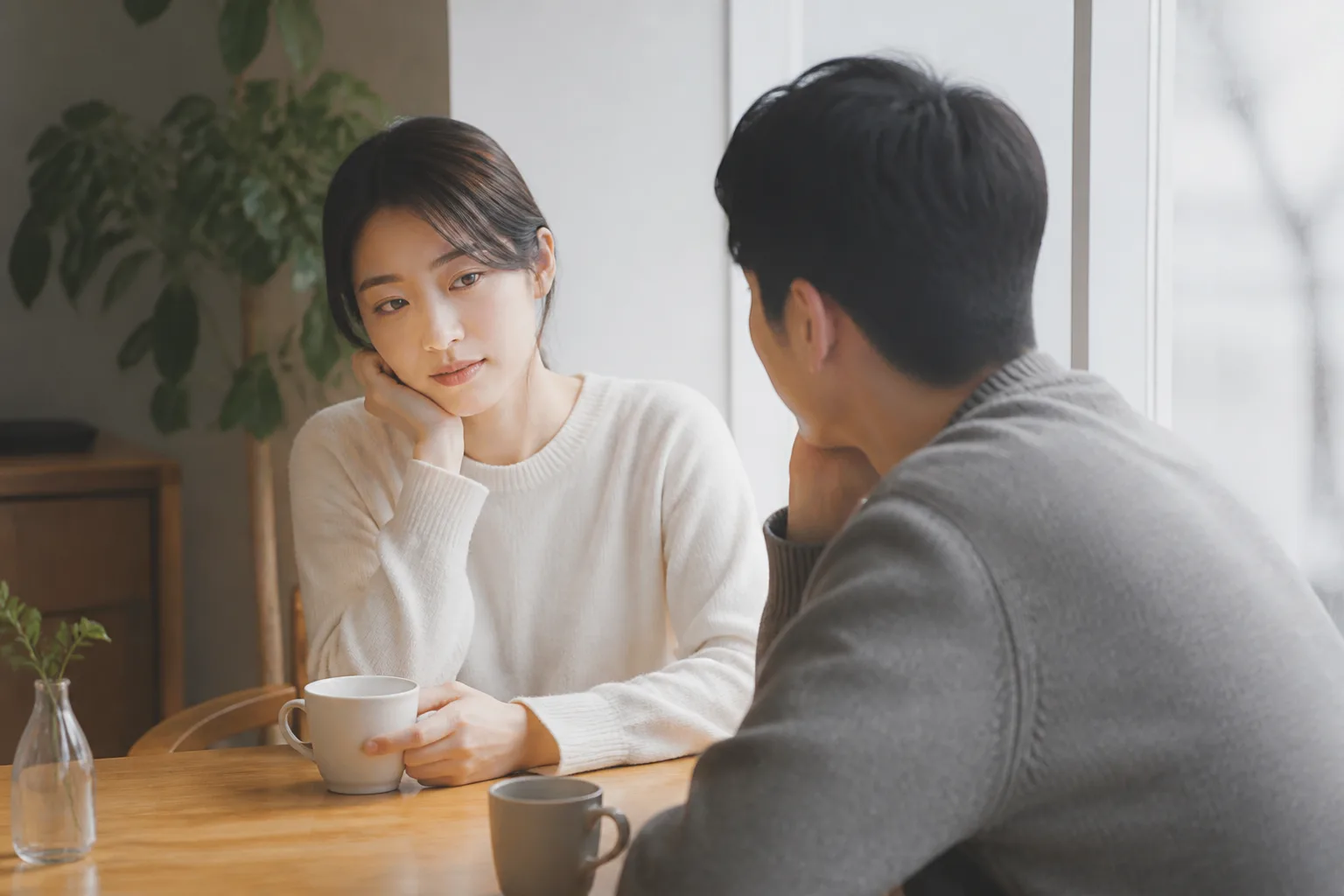분위기는 좋은데 아직 마음의 준비가 안 됐을 때 상황에서 집·카페·직장 같은 일상 공간에서 표정과 손짓으로 마음을 나누는 한국 성인들의 자연스러운 모습