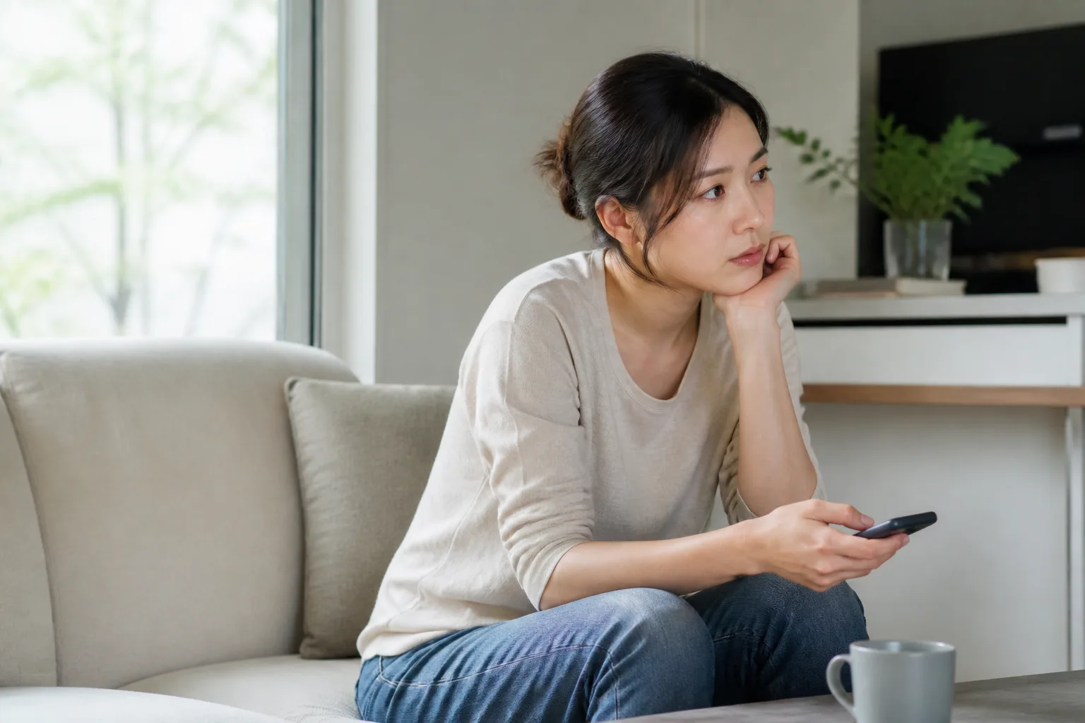 답장이 늦어질 때마다 자꾸 나쁜 쪽으로 생각하게 될 때 상황에서 창가나 산책길에 잠시 멈춰 자신의 마음을 정리하는 한국 성인의 자연스러운 모습