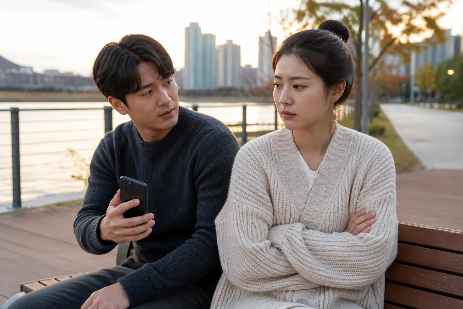 커플 사진 올리는 문제로 마음이 부딪힐 때 상황을 일상 공간에서 차분히 마주하는 한국 성인들의 자연스러운 모습