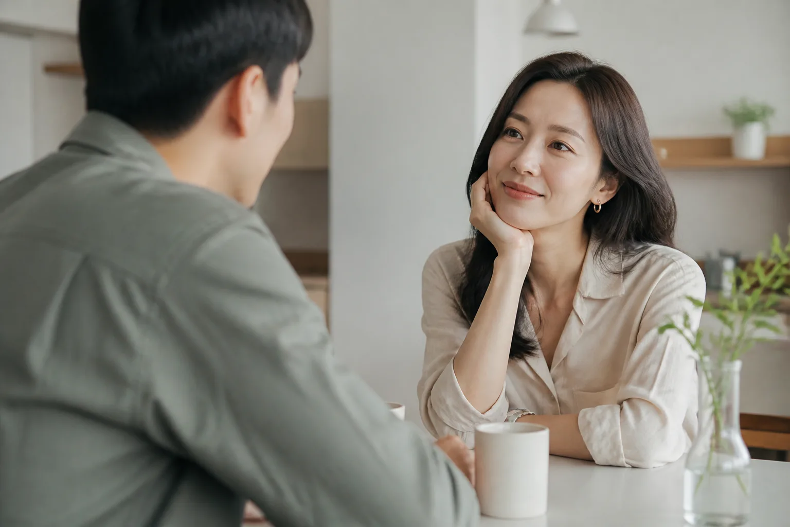 소셜미디어만 보고 이미 다 아는 사람 같을 때 상황에서 집이나 카페에 마주 앉아 표정과 손짓으로 솔직하게 대화하는 한국 성인 두 사람