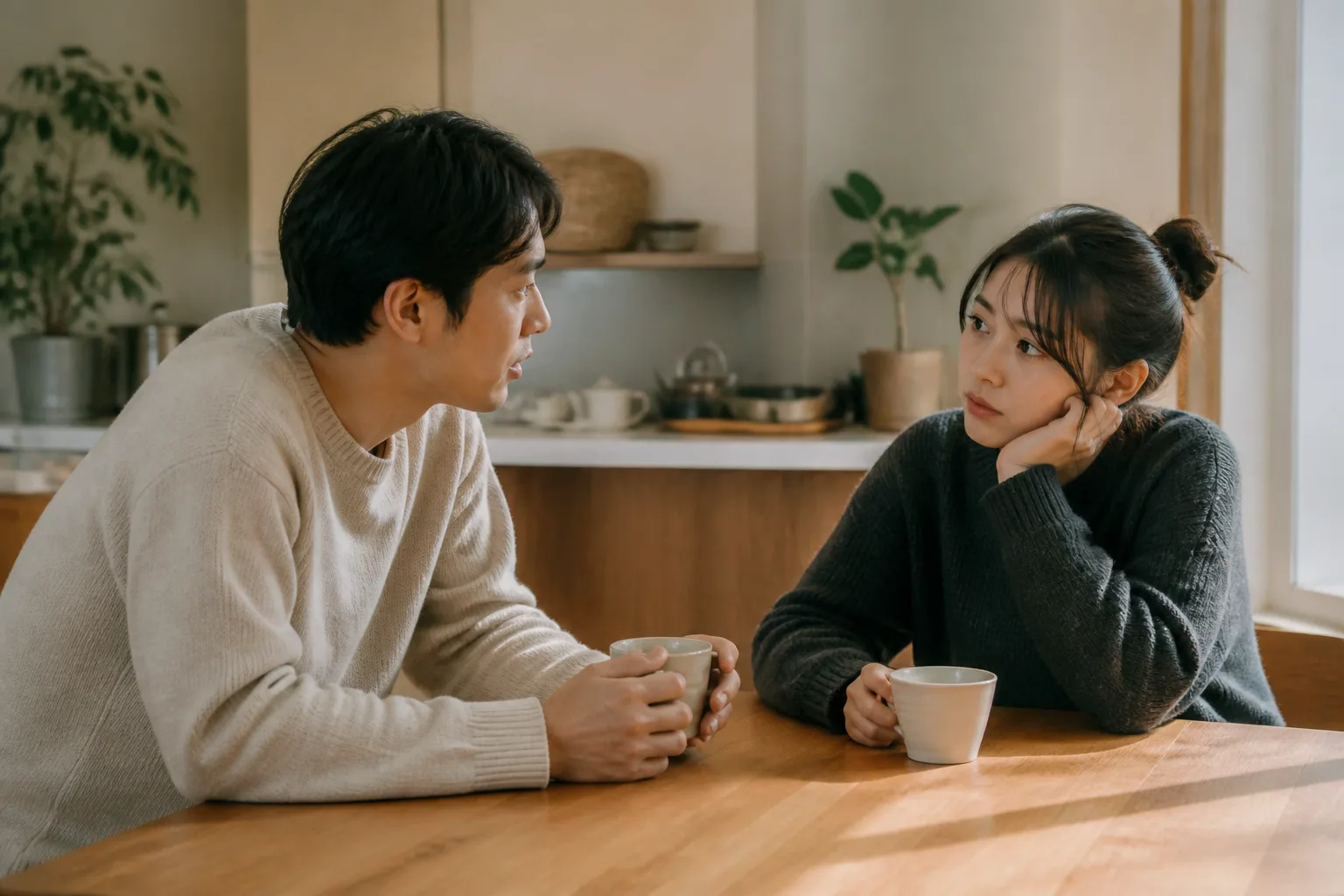 좋은 사람 놓칠까 봐 눈을 낮추고 싶을 때 상황에서 집·카페·직장 같은 일상 공간에서 표정과 손짓으로 마음을 나누는 한국 성인들의 자연스러운 모습