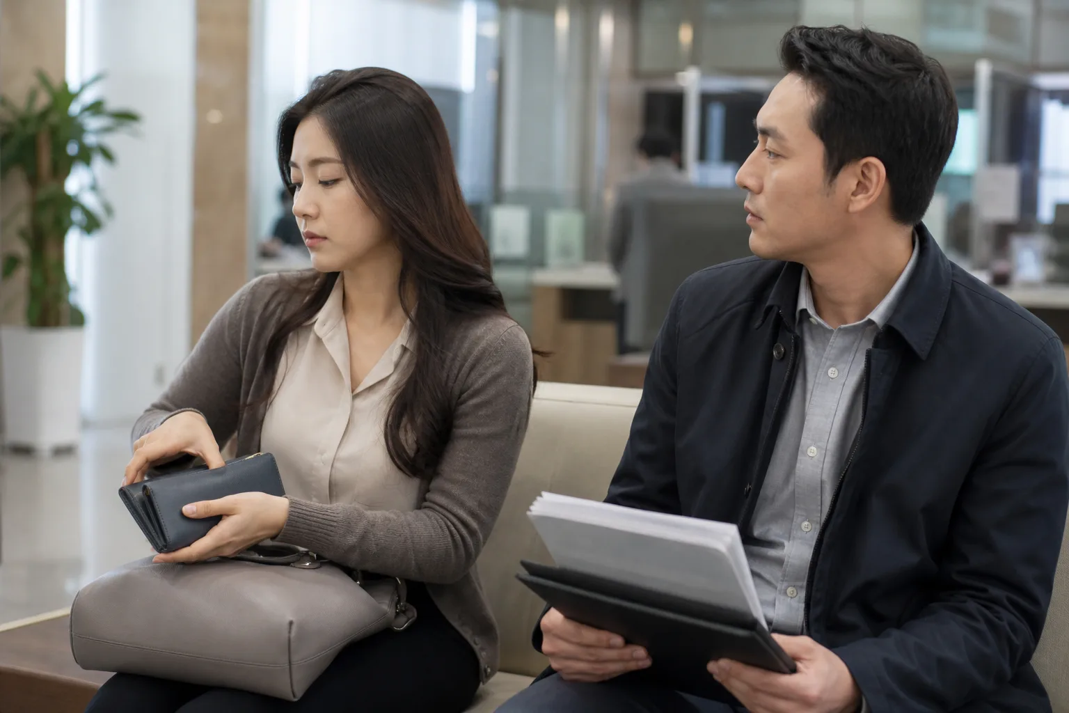 공공장소에서 지갑을 닫고 상대가 자기 문제를 책임지도록 선을 긋는 여성의 모습