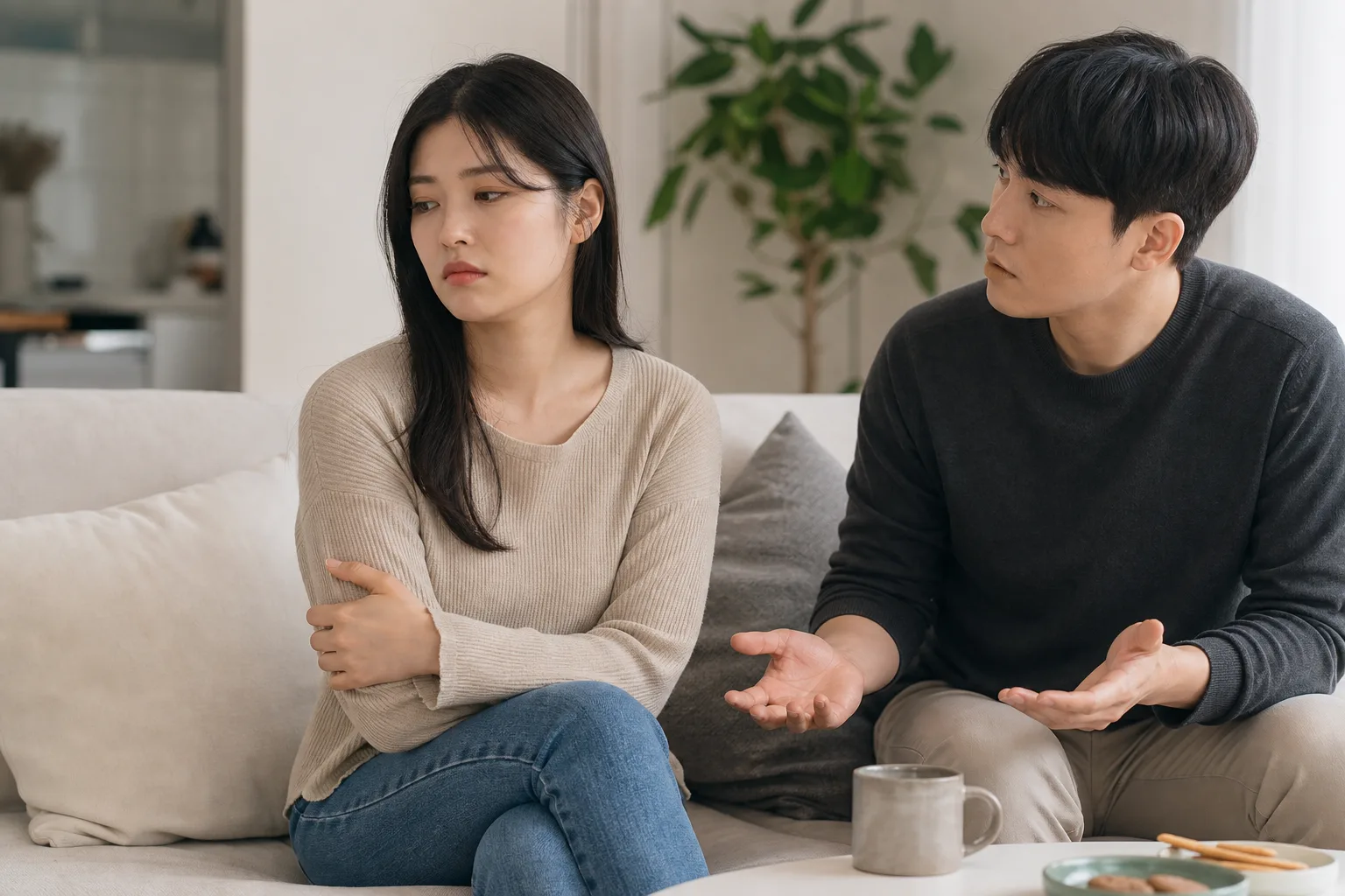사귀는 사이니까 당연히 괜찮을 거라는 말이 불편할 때 상황에서 집이나 카페에 마주 앉아 표정과 손짓으로 솔직하게 대화하는 한국 성인 두 사람