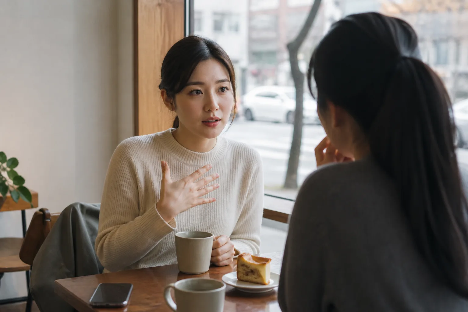 내 일 얘기가 자랑처럼 들릴까 조심스러울 때 상황을 일상 공간에서 차분히 마주하는 한국 성인들의 자연스러운 모습