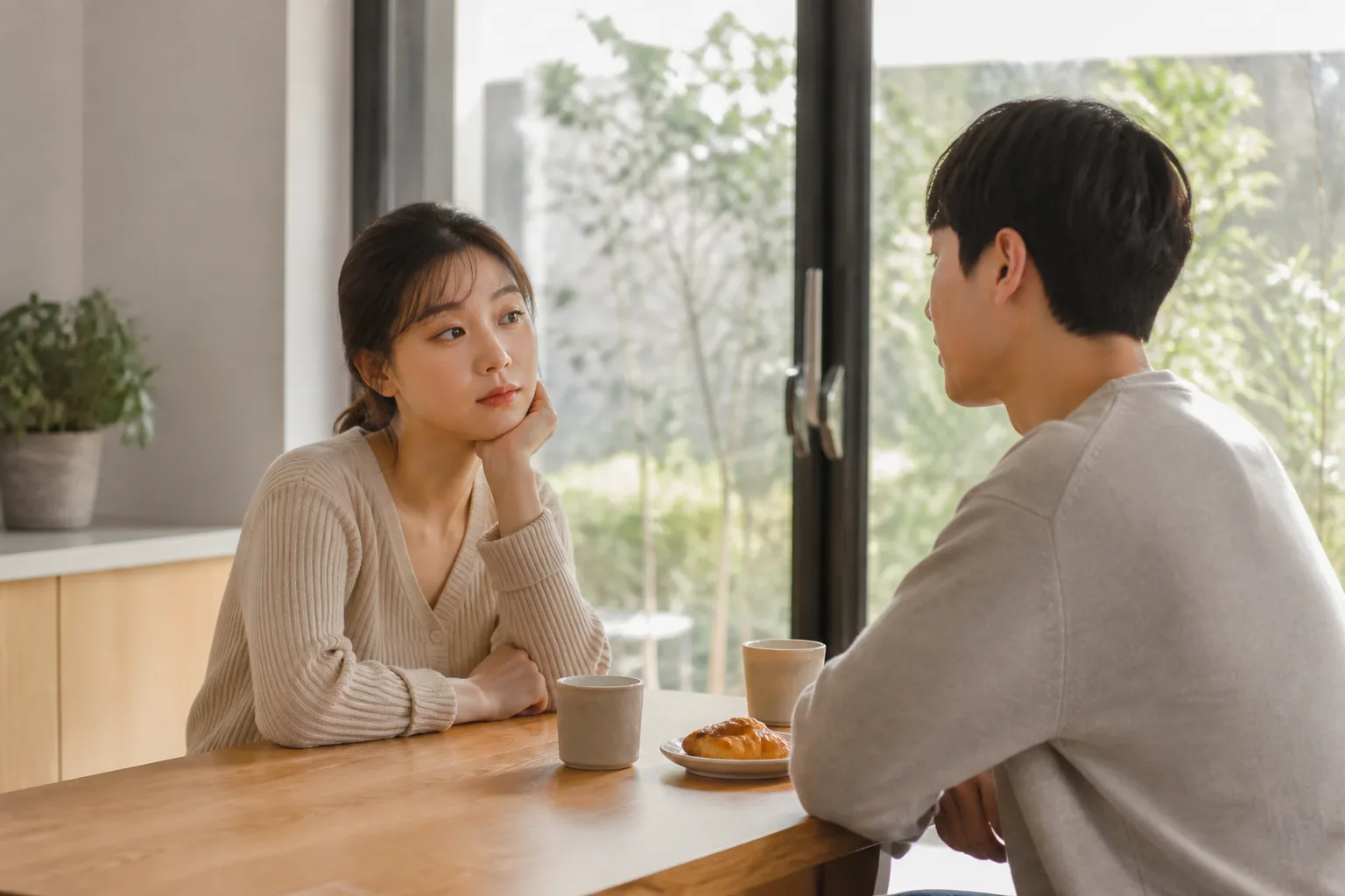 내가 너무 예민한 건가 싶어서 불편해도 그냥 웃어넘기게 될 때 상황에서 창가나 산책길에 잠시 멈춰 자신의 마음을 정리하는 한국 성인의 자연스러운 모습