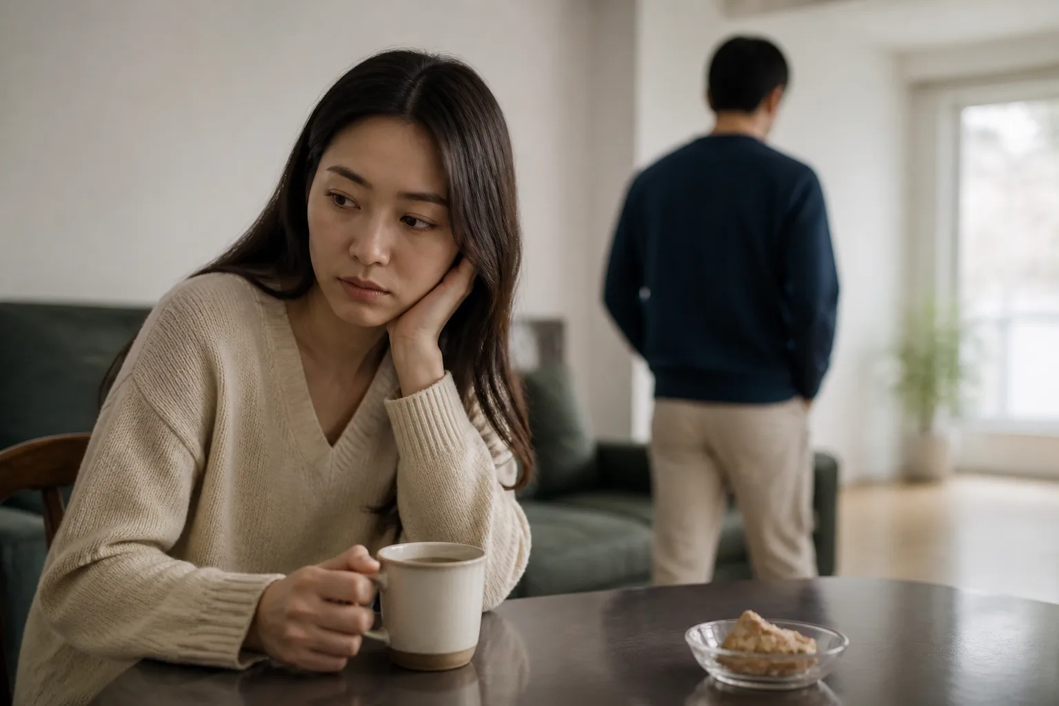 주말마다 만남이 자꾸 다음으로 미뤄질 때 상황에서 집이나 카페에 마주 앉아 표정과 손짓으로 솔직하게 대화하는 한국 성인 두 사람