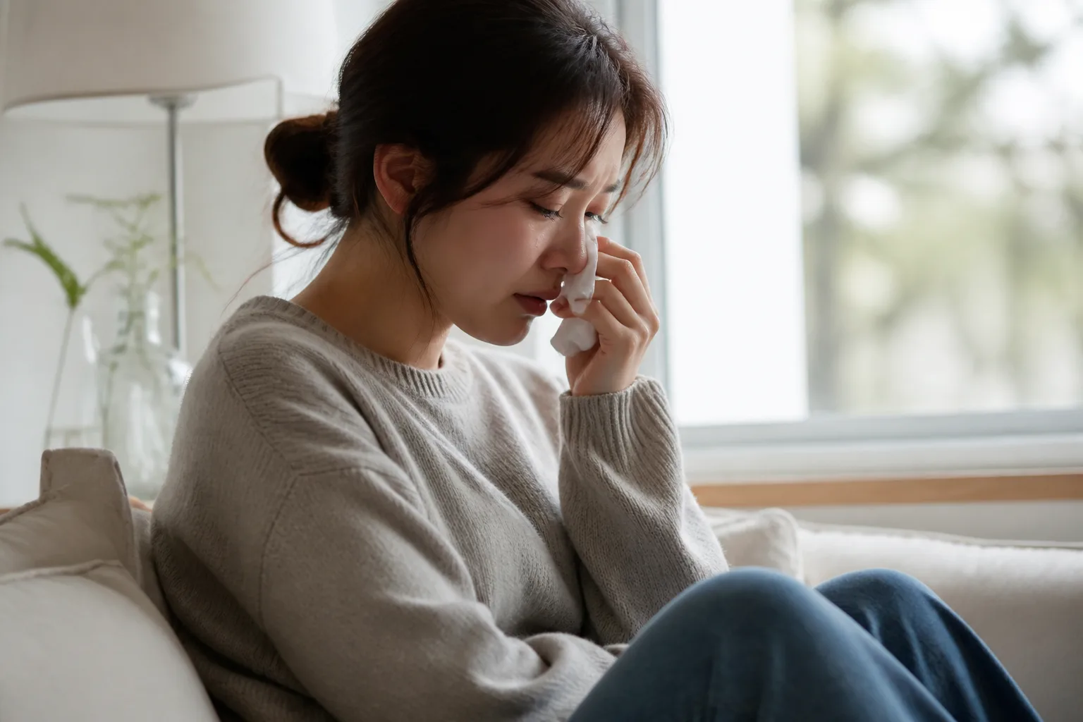 헤어진 게 맞는 것 같은데 자꾸 눈물이 날 때 상황에서 창가나 산책길에 잠시 멈춰 자신의 마음을 정리하는 한국 성인의 자연스러운 모습
