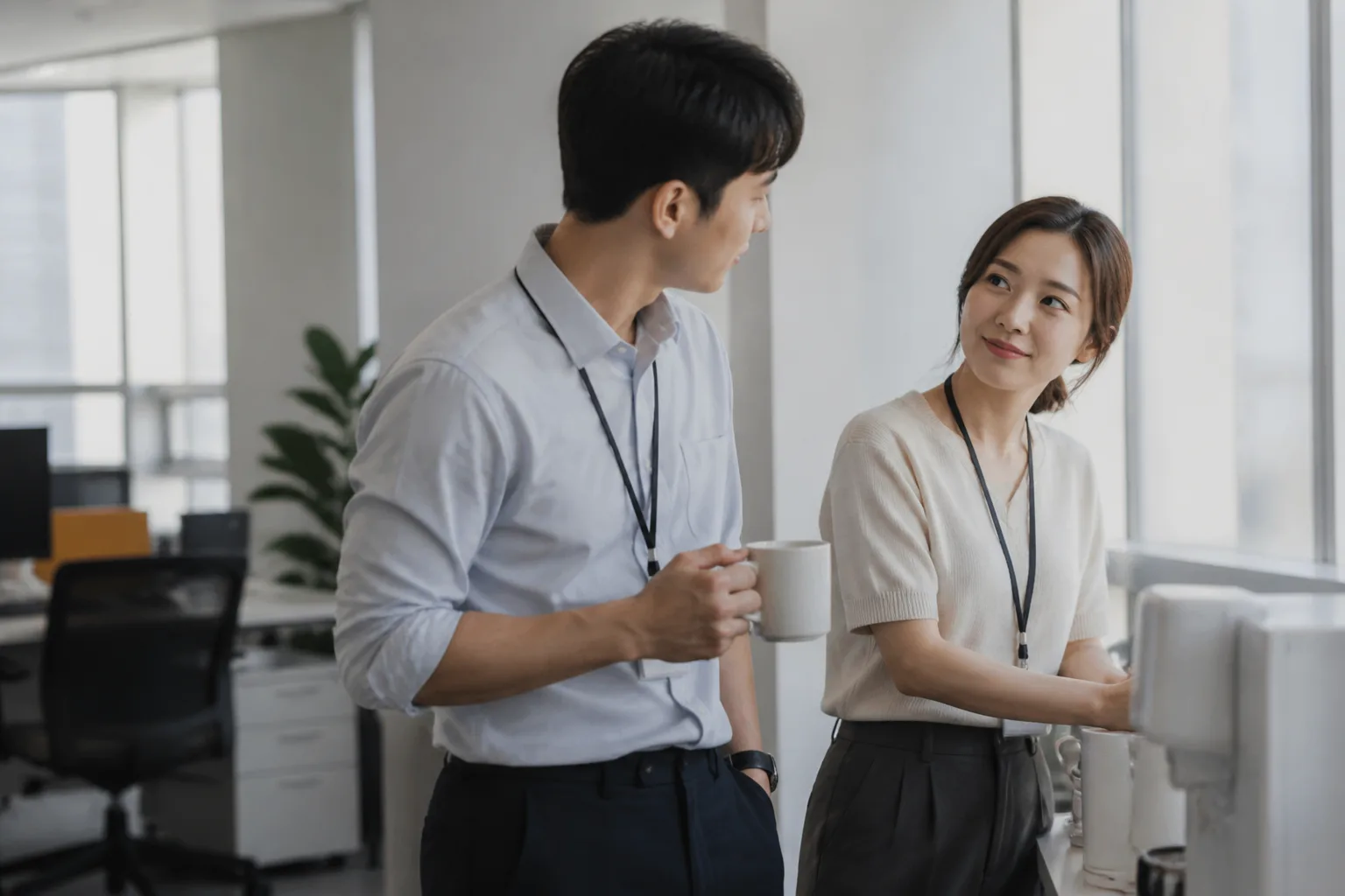 매일 보는 직장 동료에게 마음이 생겼을 때 상황에서 집·카페·직장 같은 일상 공간에서 표정과 손짓으로 마음을 나누는 한국 성인들의 자연스러운 모습