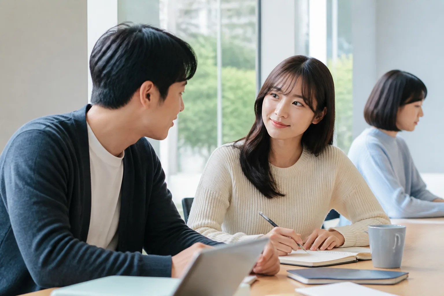 직장이나 학교에서 마음 가는 사람이 생겼을 때 상황에서 집이나 카페에 마주 앉아 표정과 손짓으로 솔직하게 대화하는 한국 성인 두 사람