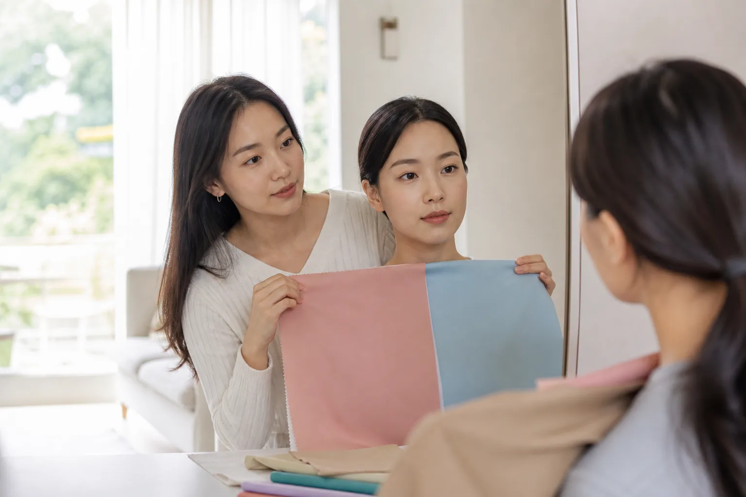 피부가 노랗다고 무조건 웜톤은 아닙니다라는 고민을 옷·색상 견본이나 거울 앞에서 직접 살펴보는 한국 성인의 자연스러운 모습