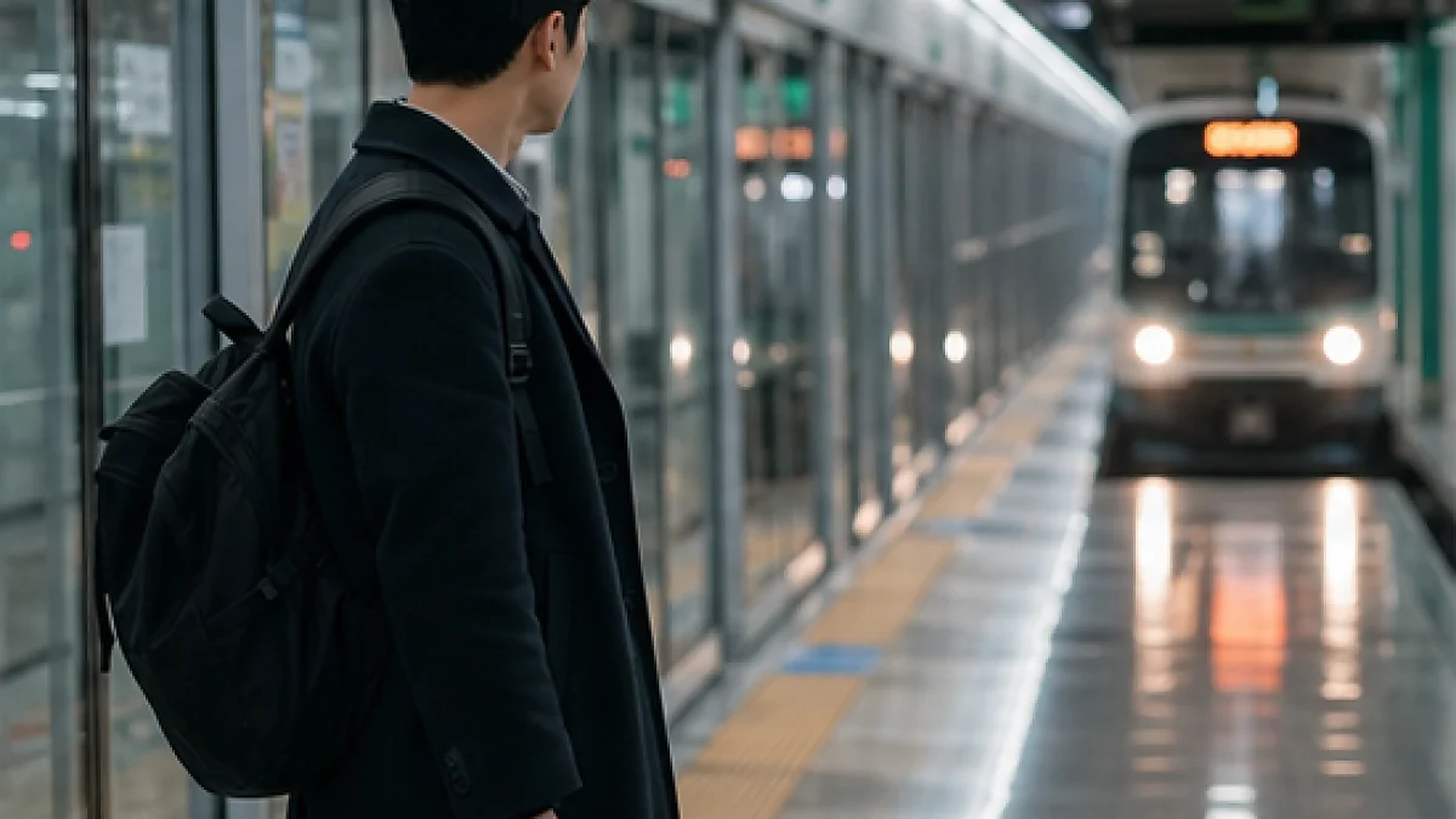 지하철 승강장에서 전철을 바라보는 사람