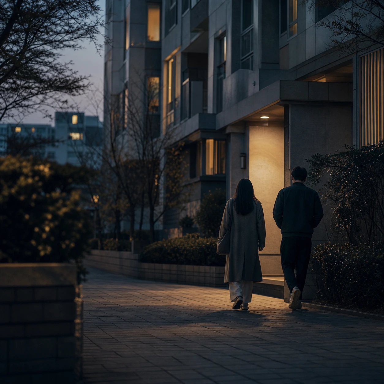 Two people standing apart after a breakup, with space between them and a calm, neutral mood