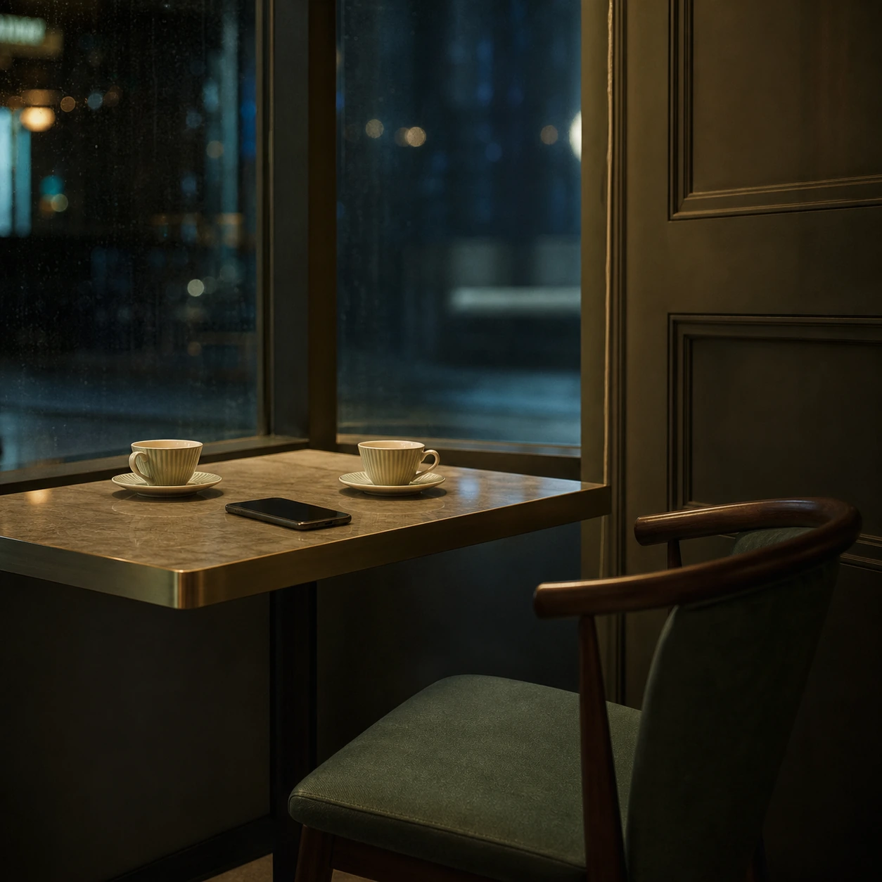 Two cups and a phone turned face down on a table by the window
