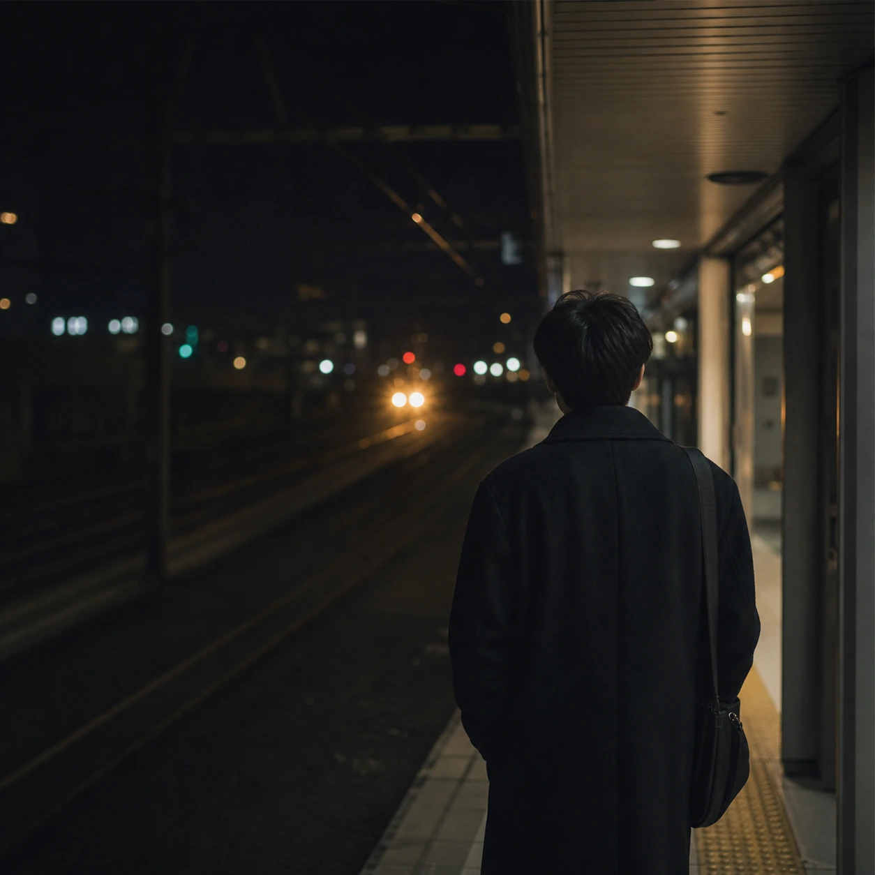 A person looking at train lights on a station platform at night