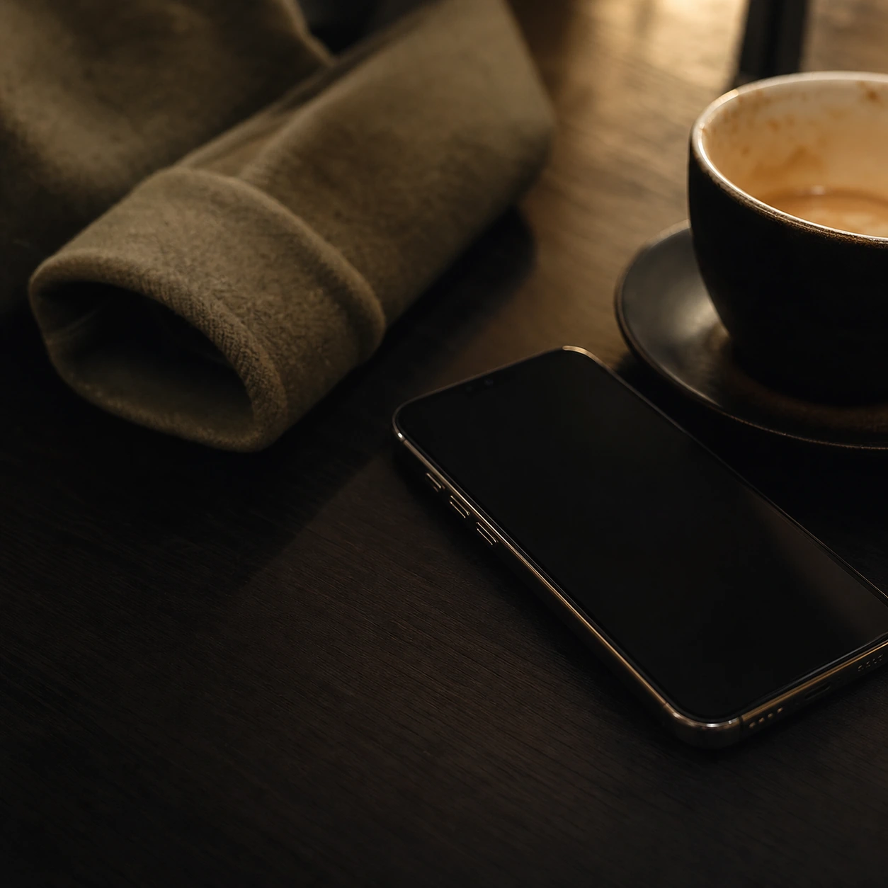 A phone and cup on a dark wooden table