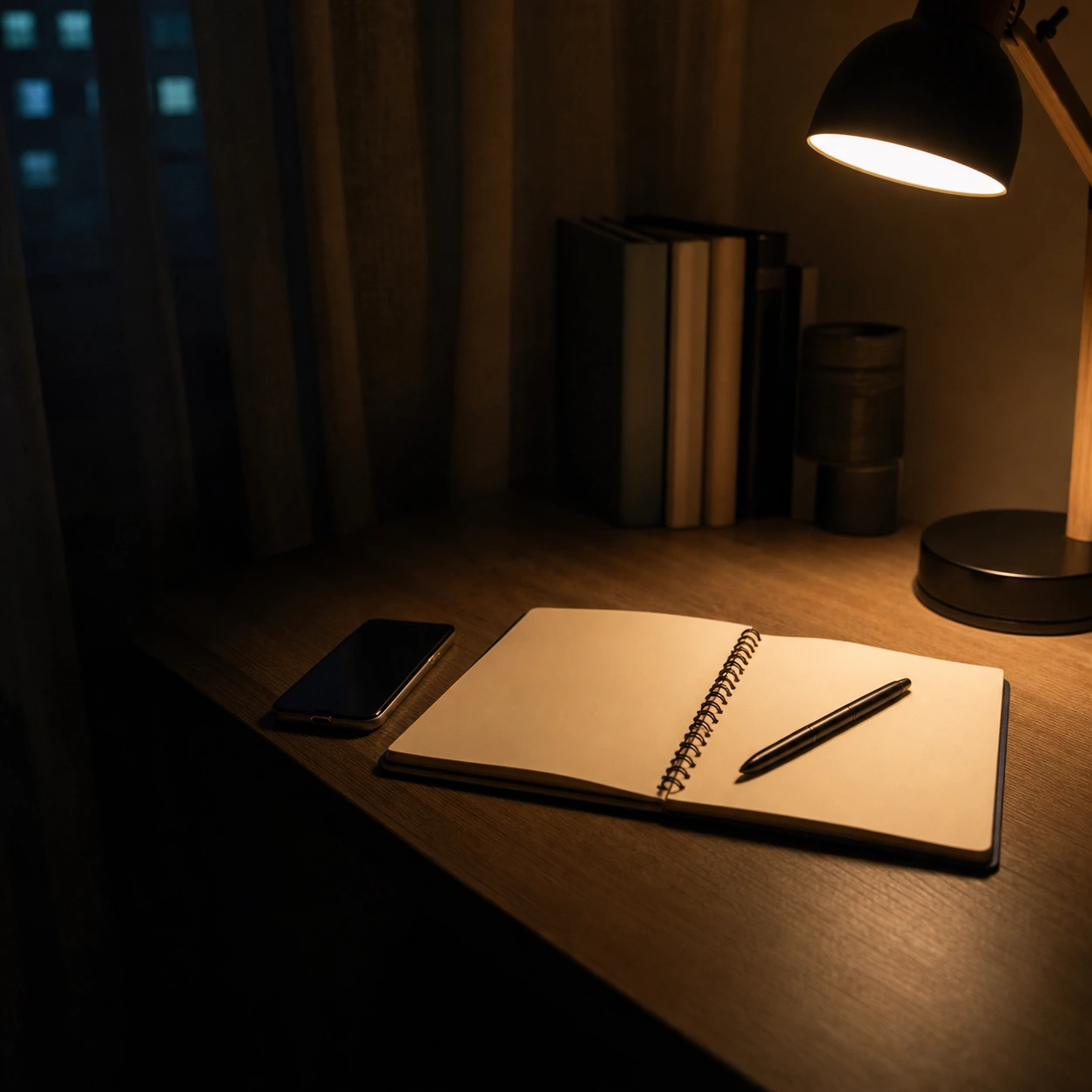 An open notebook and a phone on a desk at night