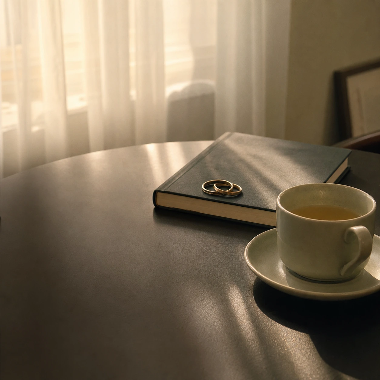 A closed notebook and cup on a table in the morning light