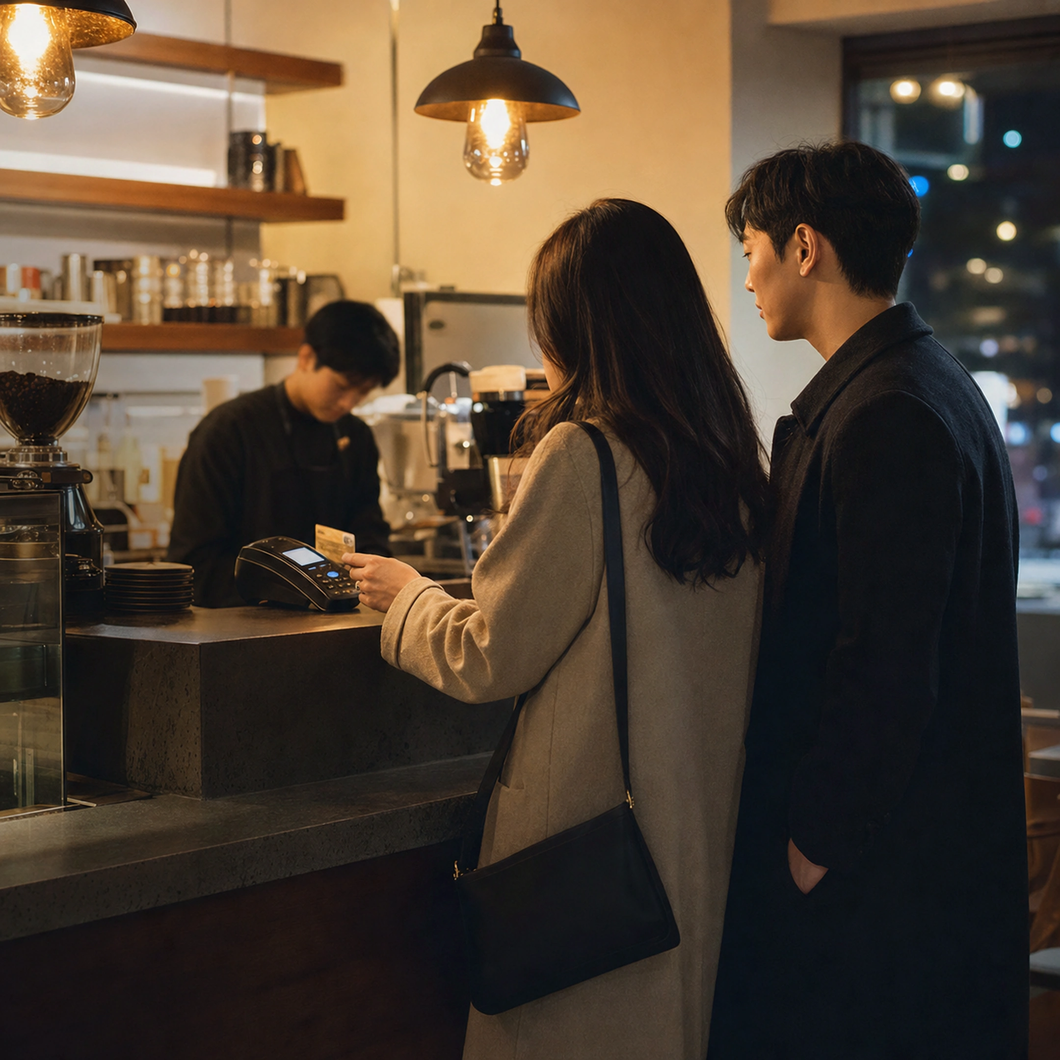 첫 데이트에서 누가 계산할지 애매할 때 상황에서 집이나 카페에 마주 앉아 표정과 손짓으로 솔직하게 대화하는 한국 성인 두 사람